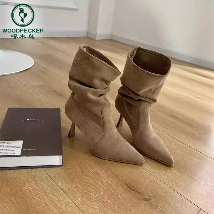 啄木鸟短筒堆堆靴细跟高跟西部牛仔靴短靴女显瘦时装中筒单靴子