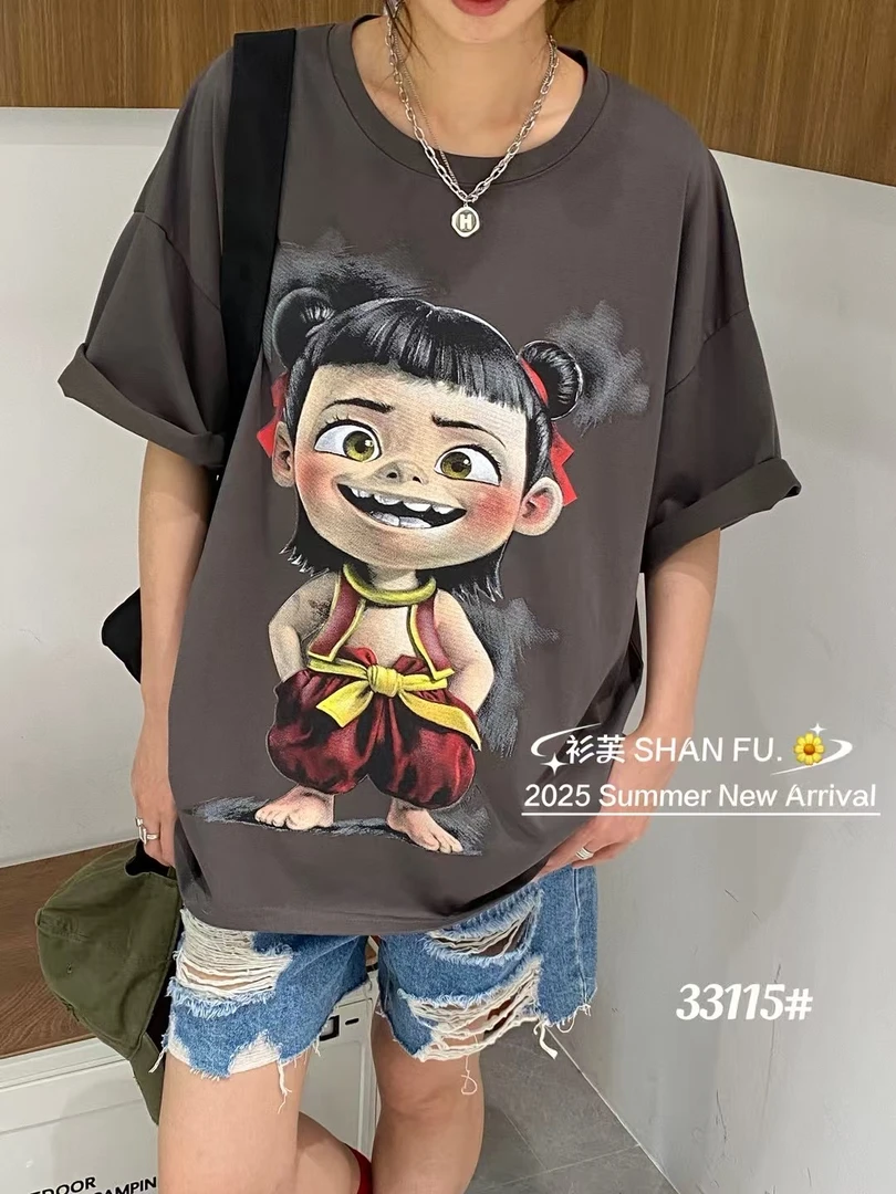 2025宽松减龄哪吒卡通短袖T恤女