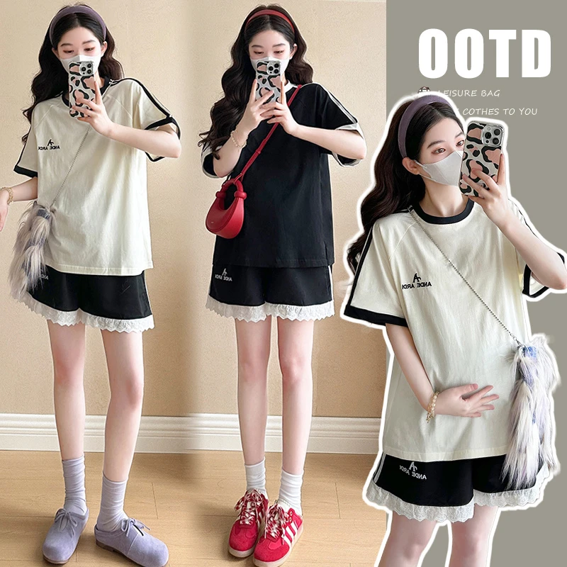 时髦孕妇装新款2025夏季新品休闲舒适显瘦运动时尚外穿孕妇两件套