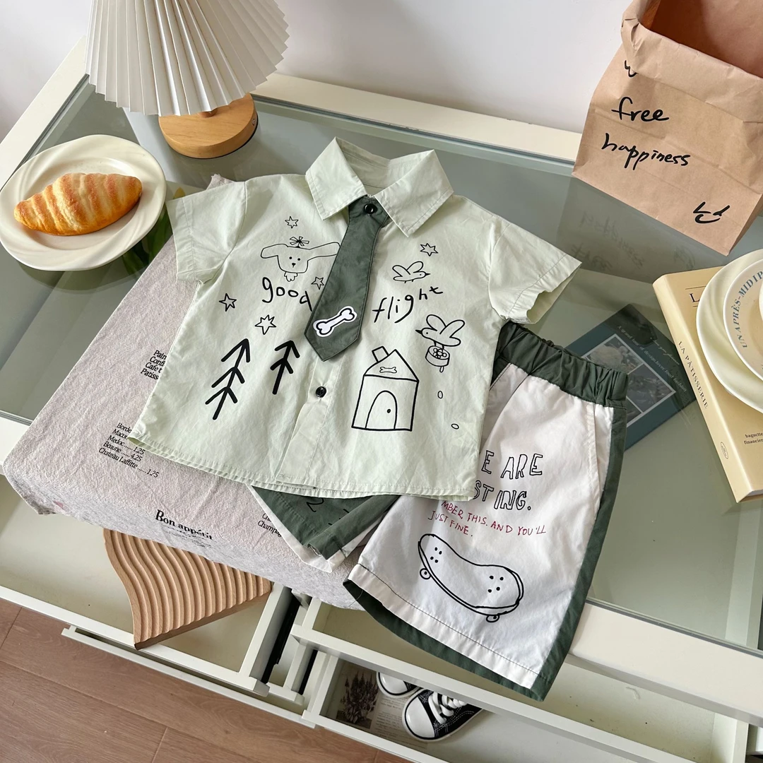 【断码清仓】2025夏新款XY255115男小童小狗领带短袖衬衫纯棉衬衣