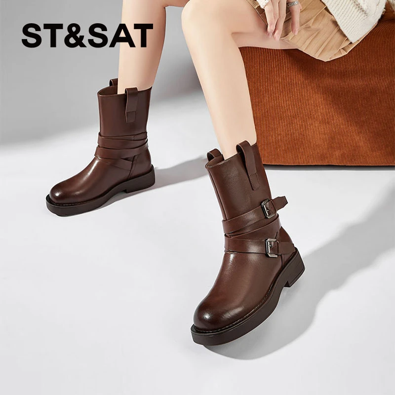 星期六黑色厚底小短靴女2025秋季新款英伦风单靴粗跟皮带扣骑士靴