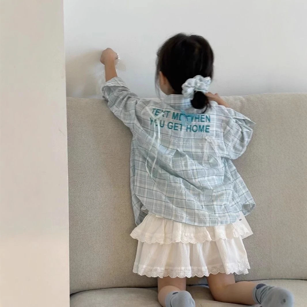 女童春夏季新款套装洋气女宝宝格子衬衫休闲宽松短裙时尚套装
