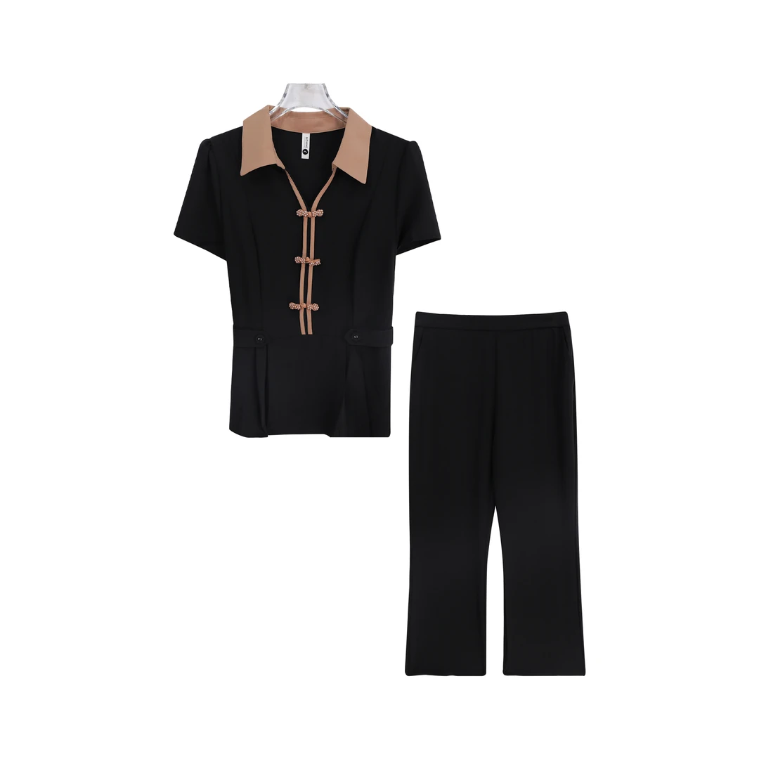 时尚国风盘扣高级感简约通勤百搭上衣休闲套装A14697