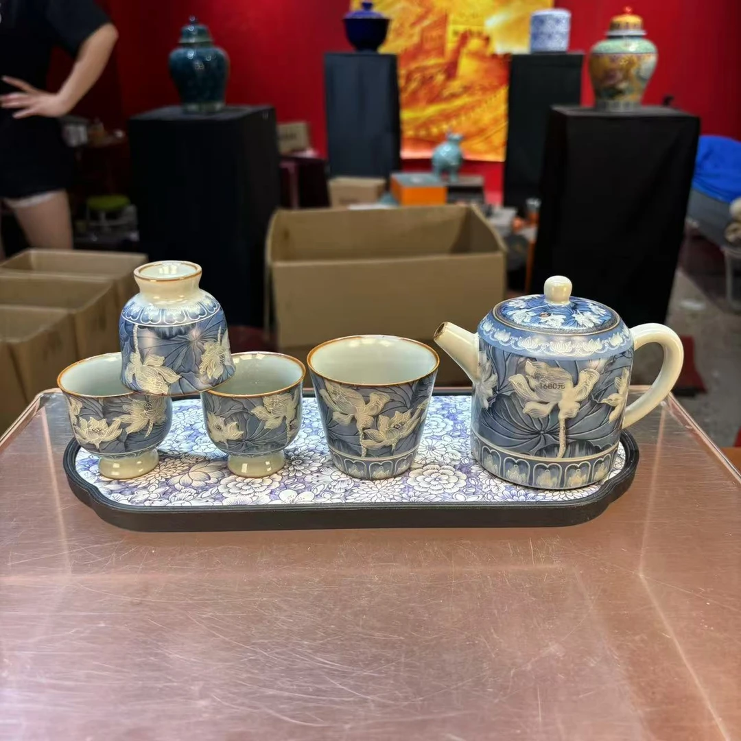秋香茶具 掐丝银蓝彩荷花直身壶一壶三杯+盘（无礼盒）小套装-