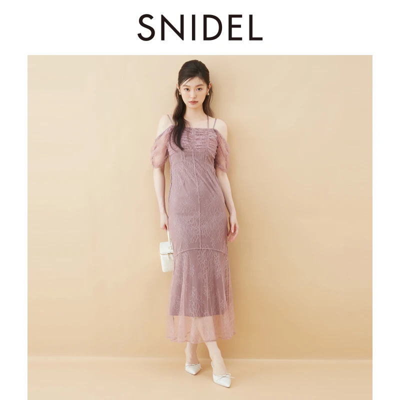 SNIDEL2025早秋新款日系泡泡袖蕾丝鱼尾连衣裙SWFO254167