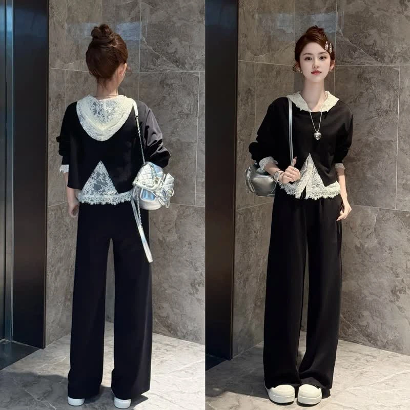 【现货】时尚新款韩系慵懒通勤蕾丝连帽后背开叉显瘦洋气减龄套装