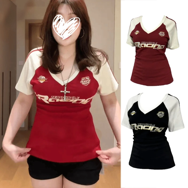 【5r运补】美式休闲运动风v领撞色短袖T恤女2025夏ri修身显瘦上衣