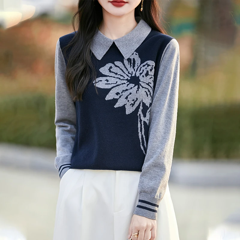 哥弟阿玛施正品春季新款时尚休闲翻领假两件针织衫女上衣绣花毛衣