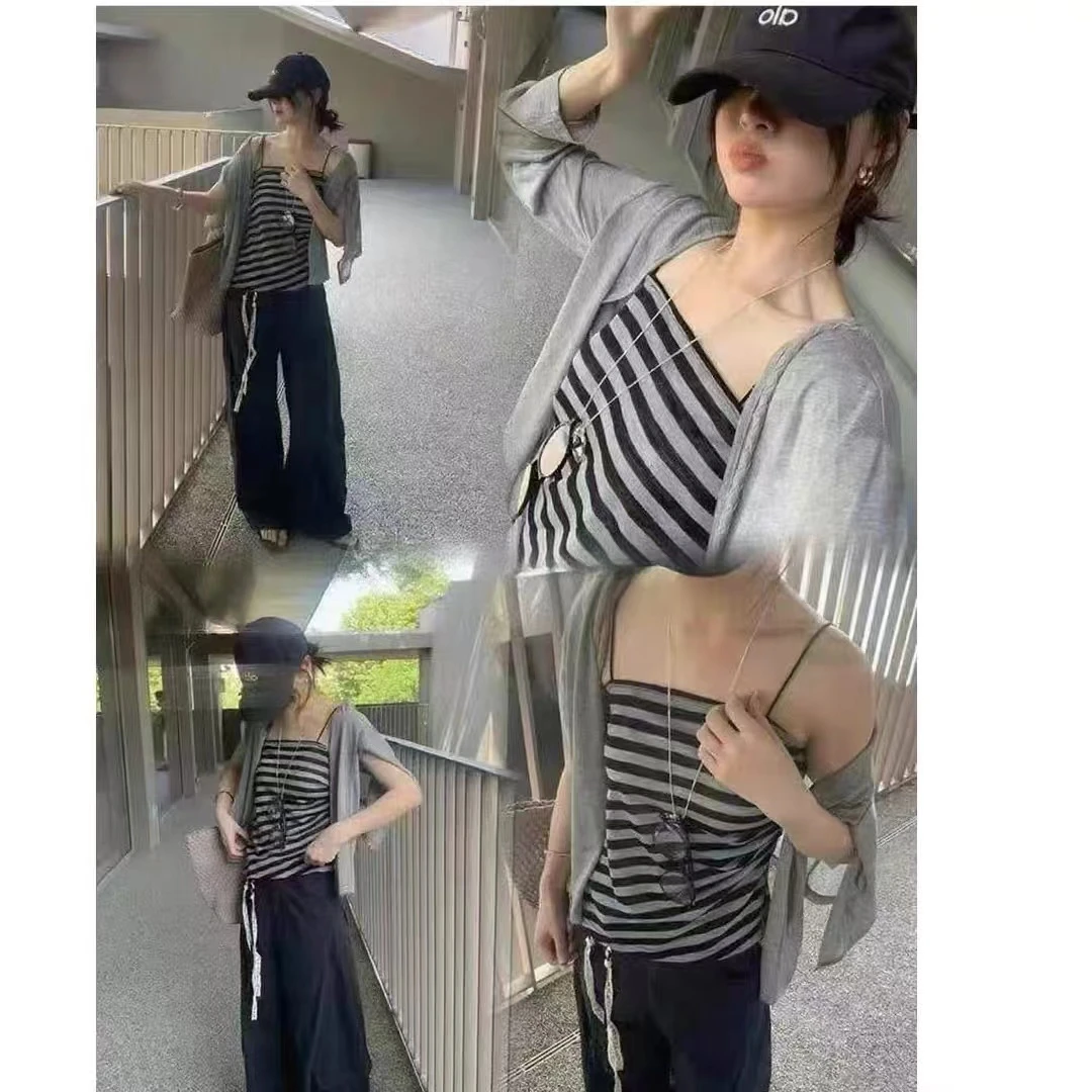 灰色条纹修身吊带开衫套装新款轻薄防晒两件套5010#