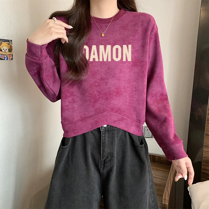 2025年新款秋冬卫衣女不规则美式复古宽松套头扎染设计感短款上衣