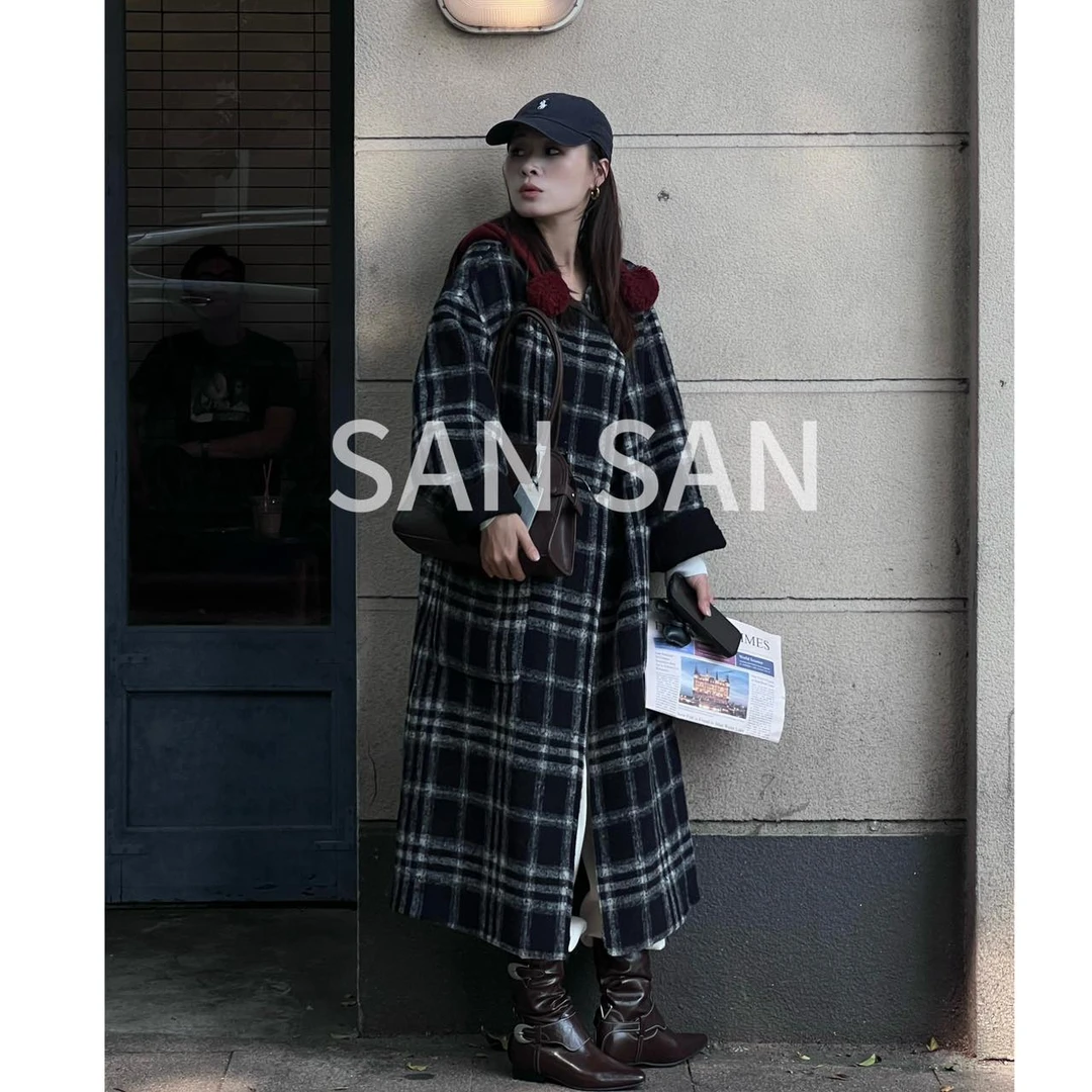 SANSAN推荐【格格不入】100%羊毛黑白格双面呢设计师秋冬长款大衣