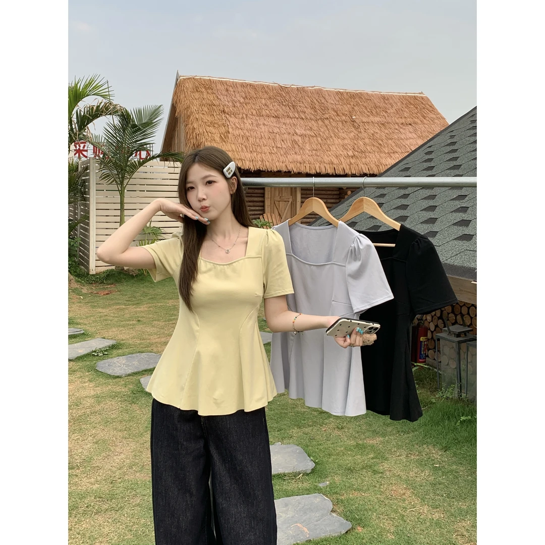 2025夏装新款胖mm大码收腰百褶下摆短袖T恤纯欲方领正肩上衣64582