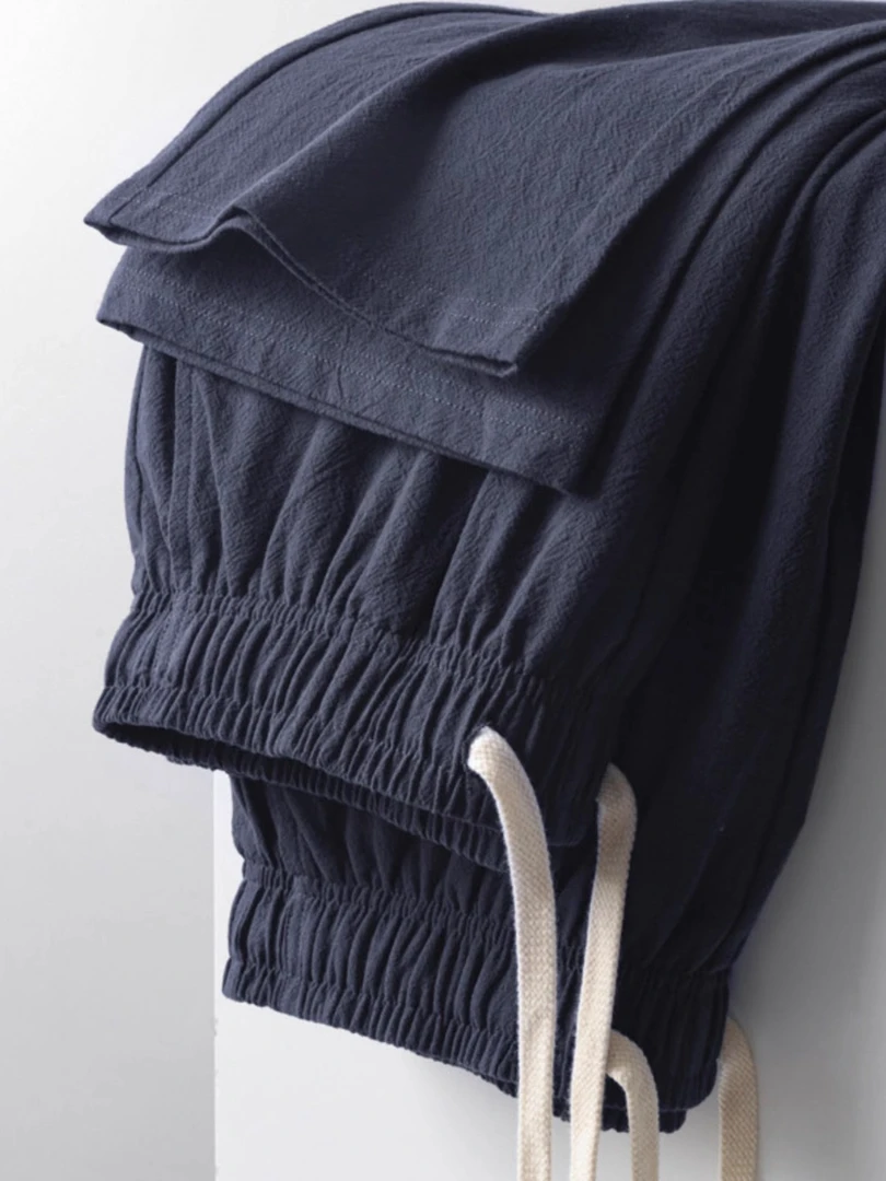 高端亚麻裤藏青色棉麻裤子宽松直筒裤夏季薄款苎麻长裤男士休闲裤