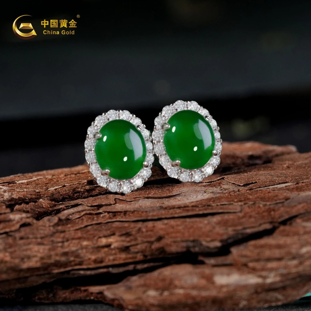 China Gold/中国黄金翡翠蛋面耳钉S925镶嵌蛋面耳饰多样性发一件