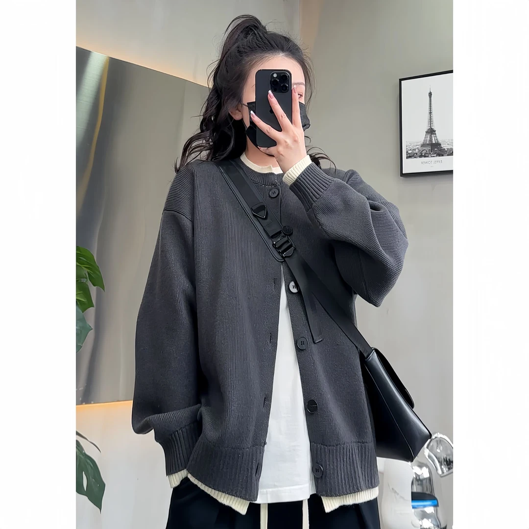 春季新款男士重磅假两件针织开衫情侣款时尚简约百搭毛衣外套