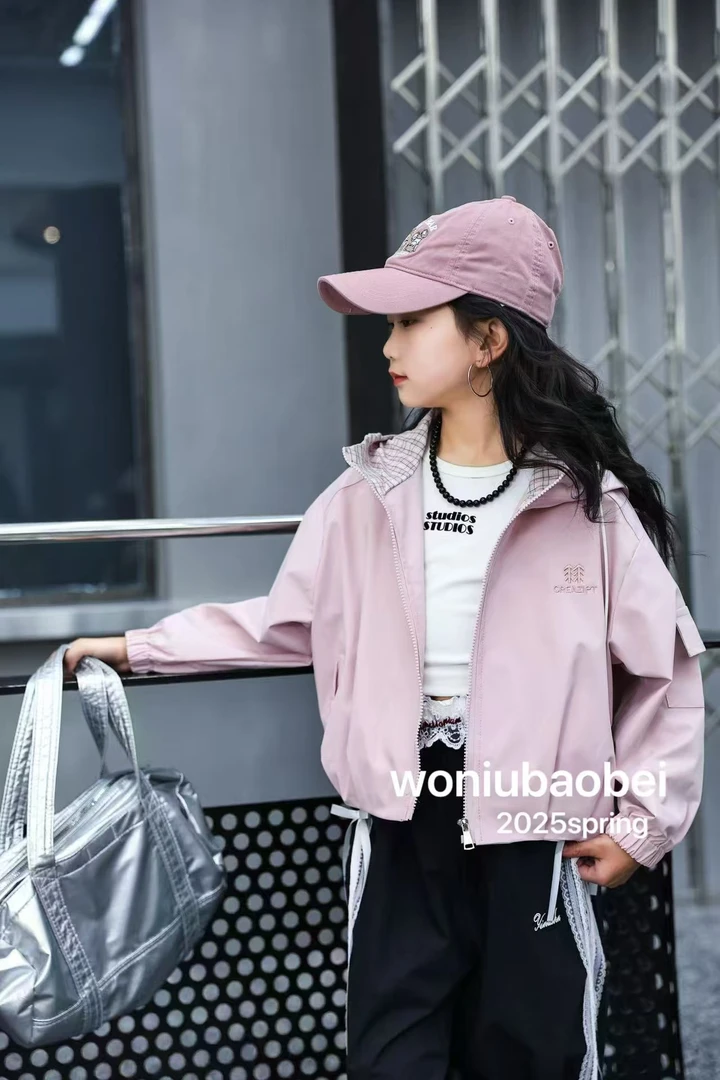 格子帽短款女童春季洋气百搭儿童外套时尚休闲中大童女童外套韩版