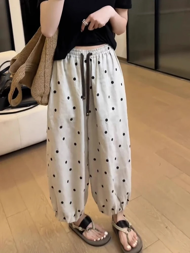 夏季新款大码女装波点抽绳哈伦休闲裤宽松显瘦遮跨时尚潮流九分裤