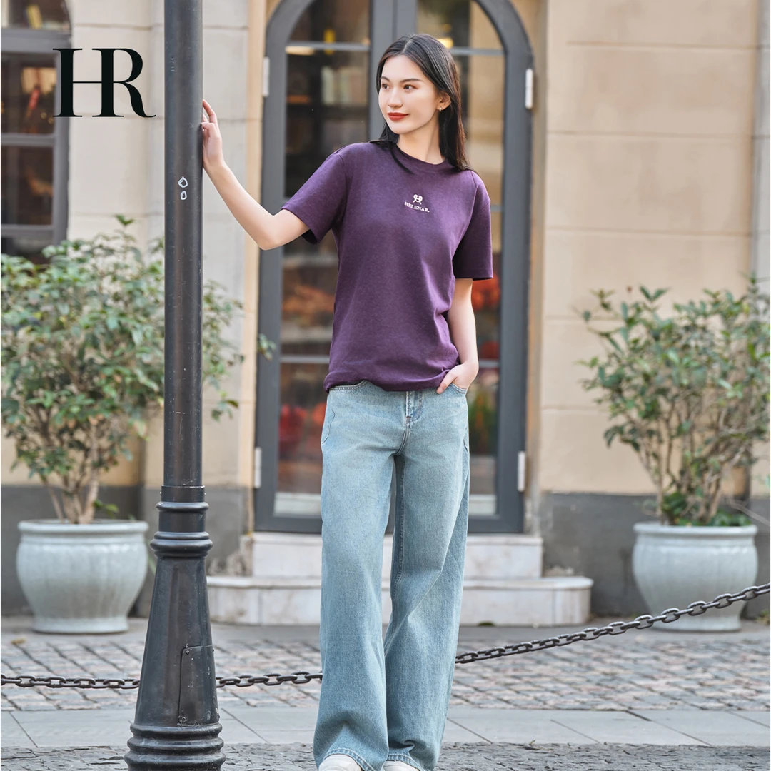 【HR赫莲娜】常规袖T恤女士圆领时尚复古情侣休闲牛仔蓝色针织-