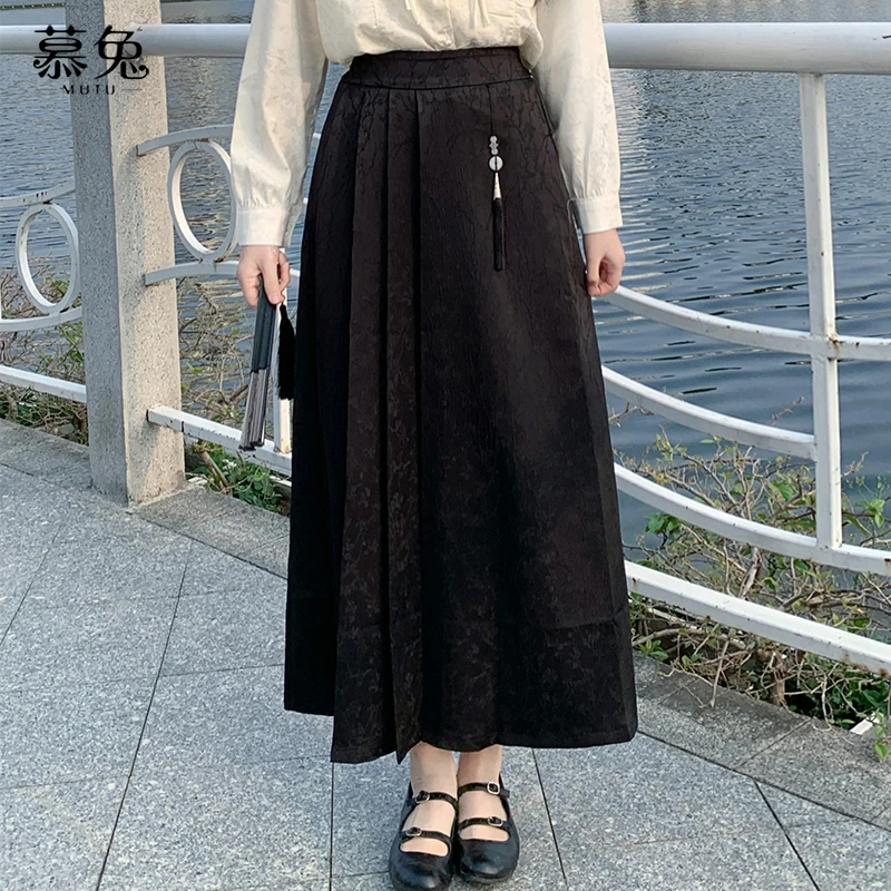 慕兔新中式国风百褶半身裙女2025春季新款高级感收腰显瘦a字裙子