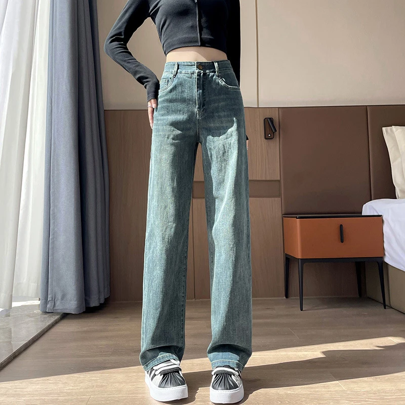 2025年女装牛仔弹力一扣简单阔腿裤春秋季新品设计感休闲直筒裤子