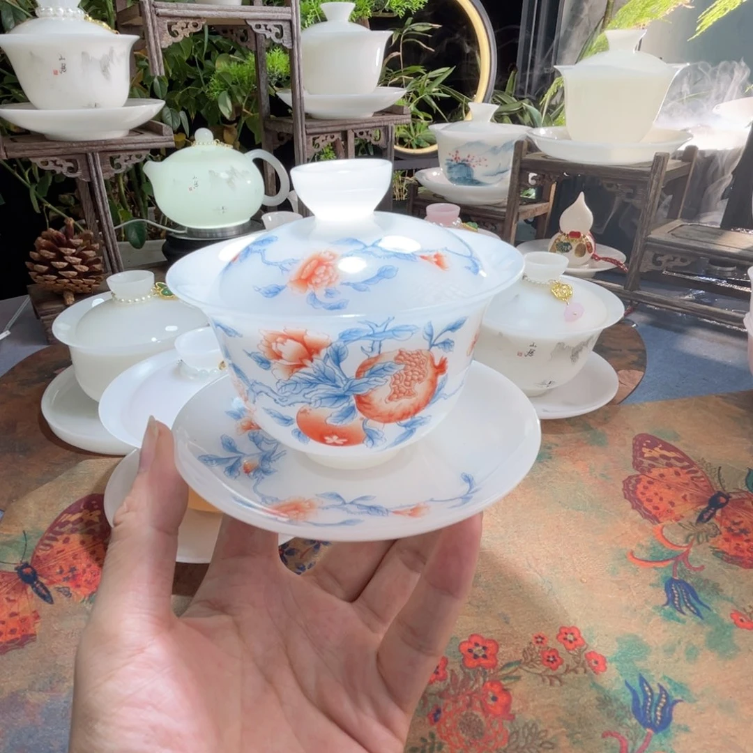 冰晶璞玉薄胎榴开百子三才元宝