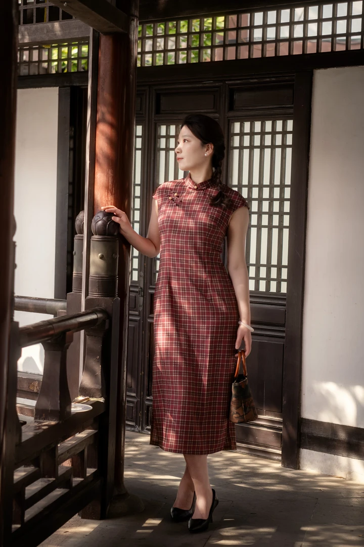 旗袍显瘦气质夏季少女复古修身格子中国风