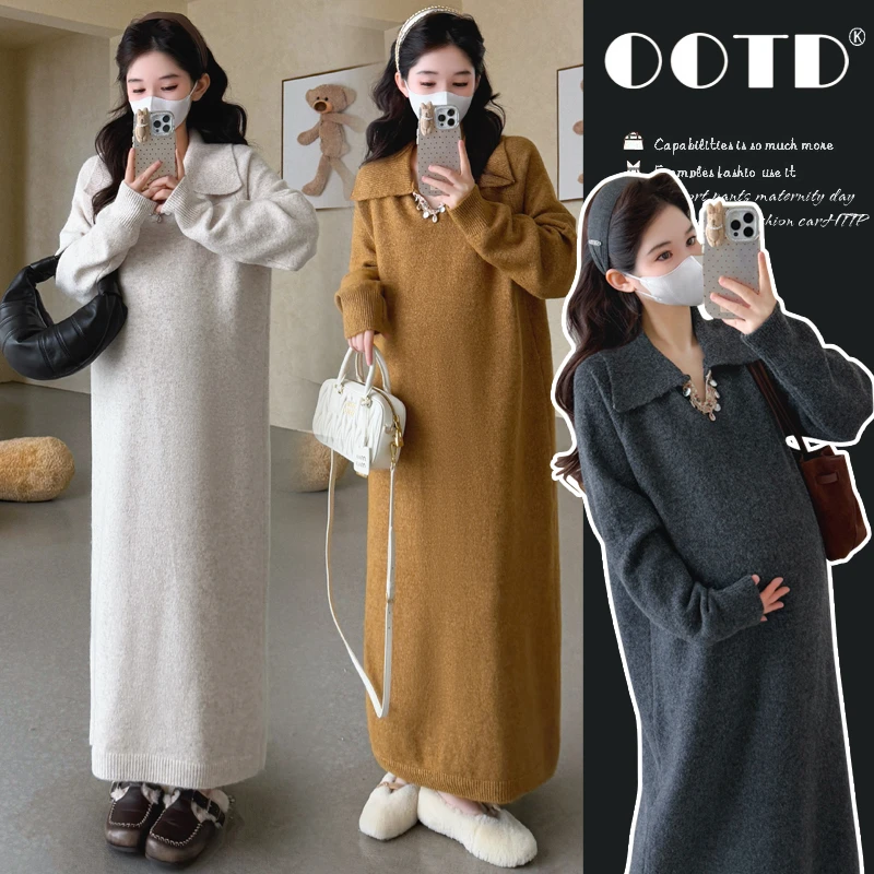 孕妇连衣裙2025秋冬新品毛衣翻领亮片直筒针织长袖连衣裙孕妇装