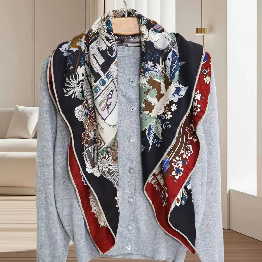 羊毛桑蚕丝【屋顶花园】86丝毛方巾双面异色手工卷边围巾Q751