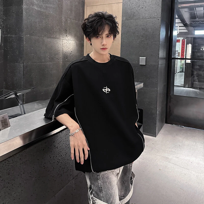 美式小众设计感拉链短袖T恤男夏潮牌青少年百搭宽松休闲半袖上衣