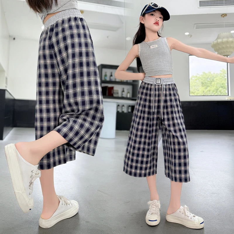 女童裤子夏季薄款2025新款夏装儿童格子宽松休闲裤女孩阔腿七分裤