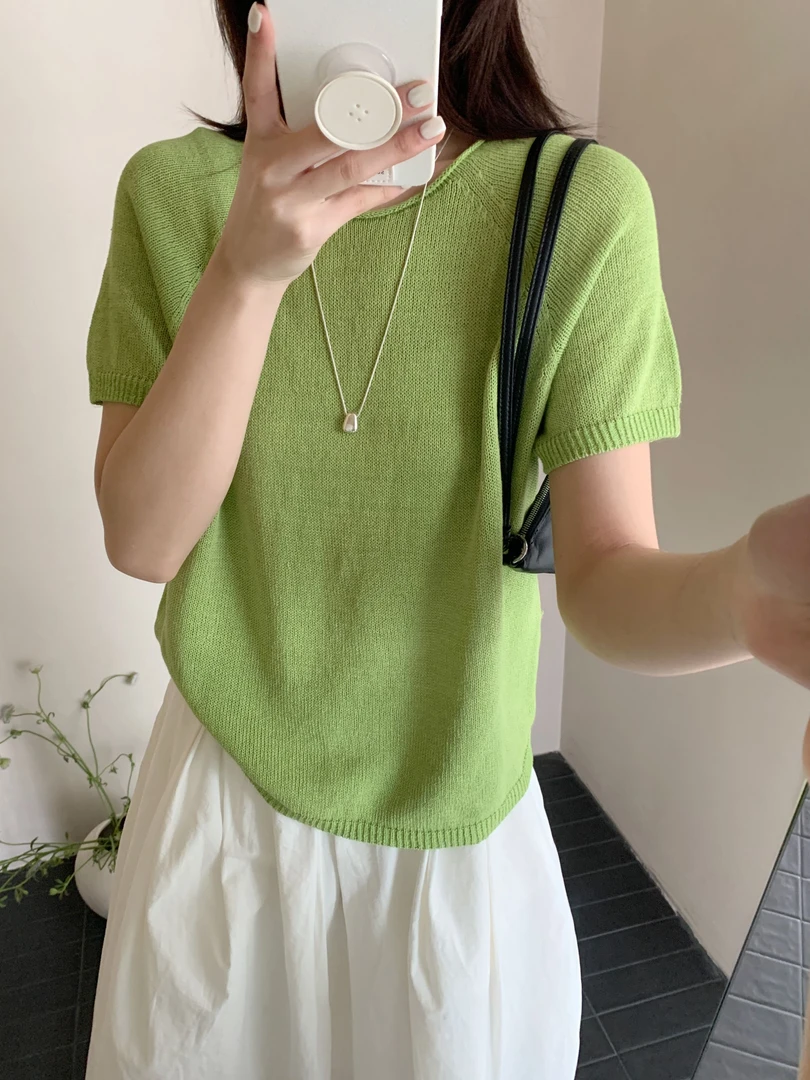 【素简.500110】夏季新款进口天丝和纸纱圆领短袖叉肩针织衫