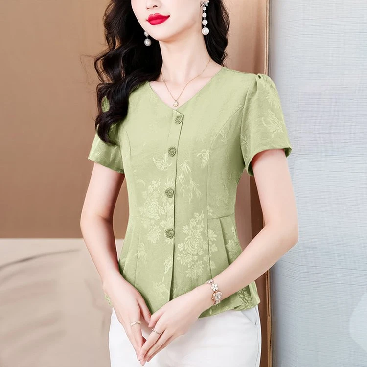 俞兆林新中式提花缎面短袖小衫2025夏季时尚夏季法式收腰缎面小衫