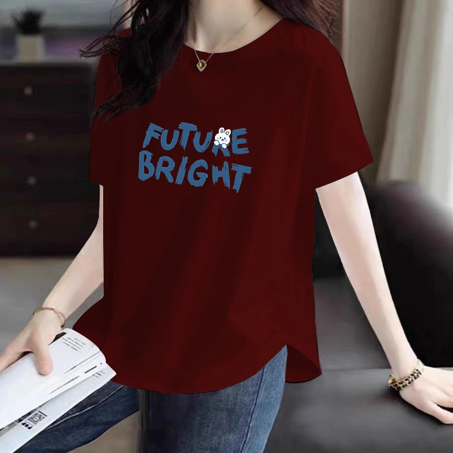 100%纯棉短袖圆领T恤女士夏季新款圆弧下摆休闲大码宽松设计上衣