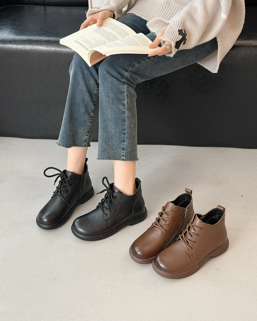 头层牛皮马丁靴冬季平跟舒适透气系带百搭休闲短靴妈妈鞋加绒棉鞋