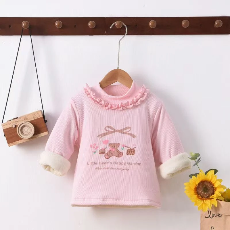 E166女童秋冬加绒花边加绒上衣