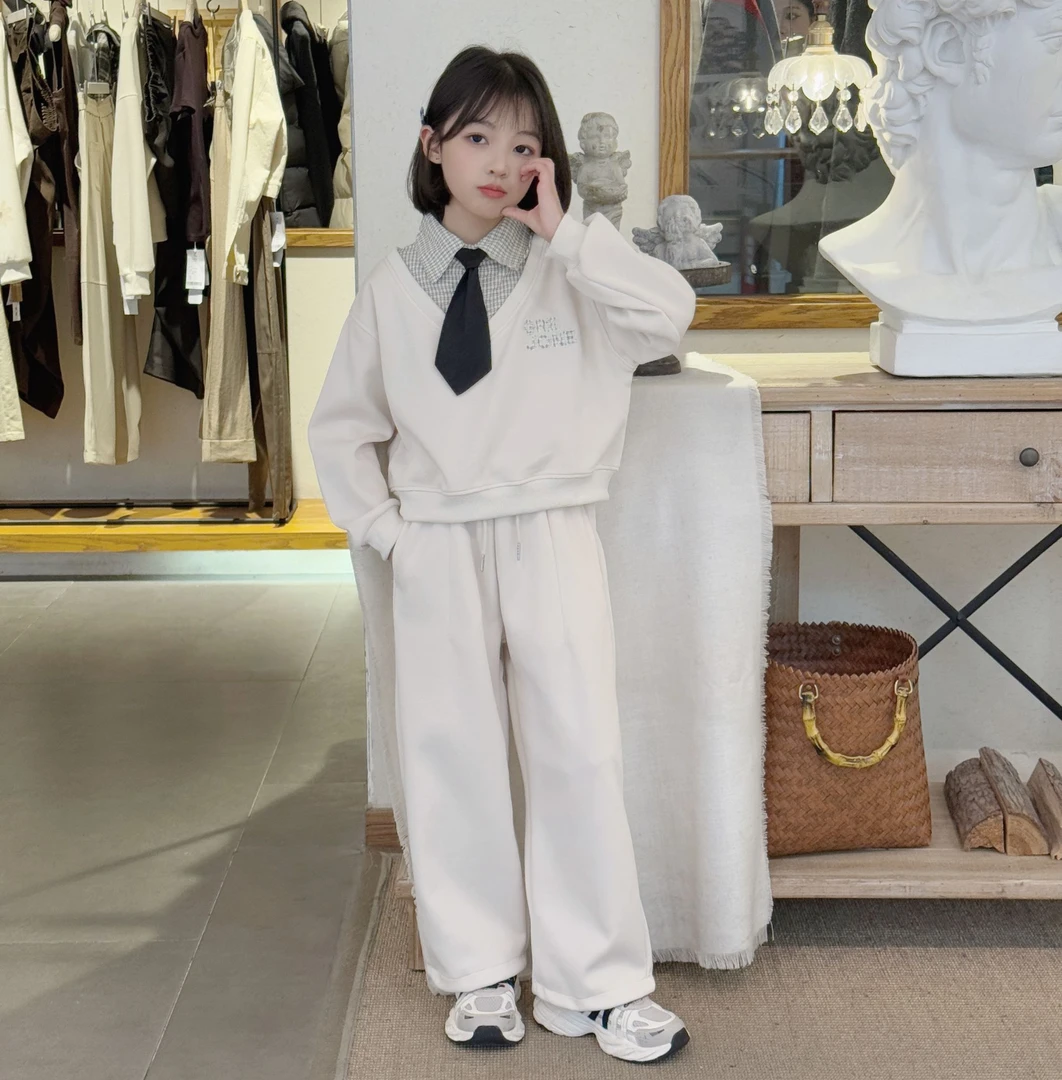 送领带女童2025新款春秋休闲假两件卫衣套装中大童女孩纯色两件套
