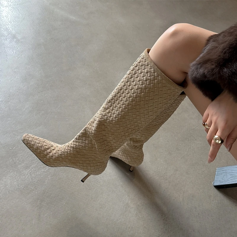 巨软牛皮~7.3cm秋冬气质高跟长靴女法式方头编织骑士靴细跟瘦瘦靴