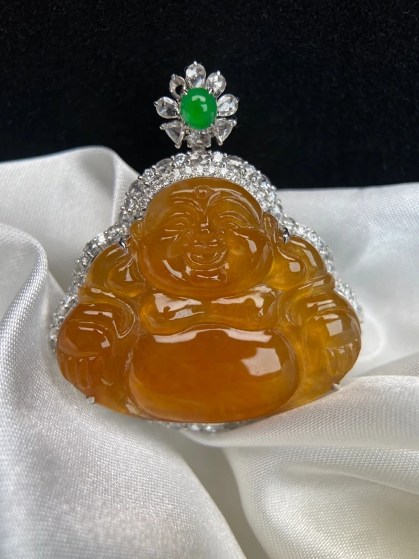 佛光普照|冰种黄翡佛公吊坠 缅甸翡翠 18k金