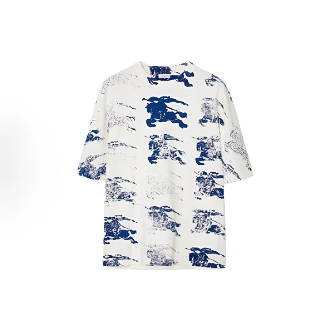 全新未使用 BURBERRY/博柏利 白色满印渐变蓝战马logo印花短袖T恤