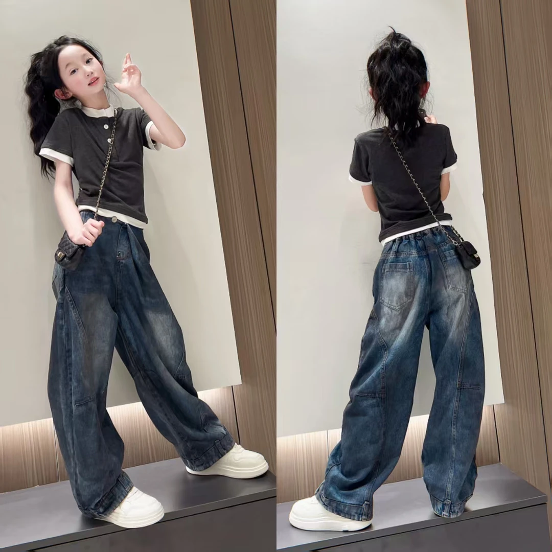 美式复古弯刀牛仔裤女童新款设计感百搭松弛拖地阔腿扎染短袖T恤