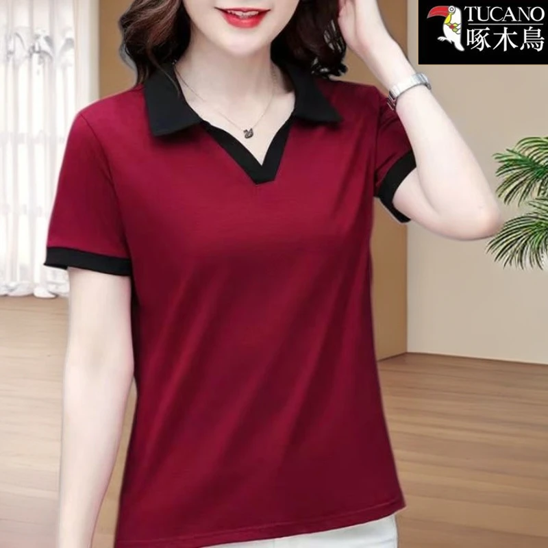 啄木鸟新款翻领拼色t恤女夏季休闲短袖减龄妈妈装POLO衫显瘦上衣