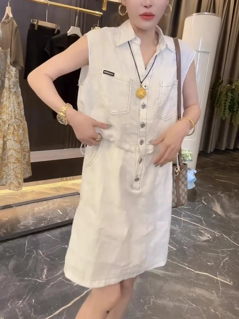 翻领牛仔A字裙夏季时尚洋气减龄棉麻气质宽松休闲收腰连衣裙无袖