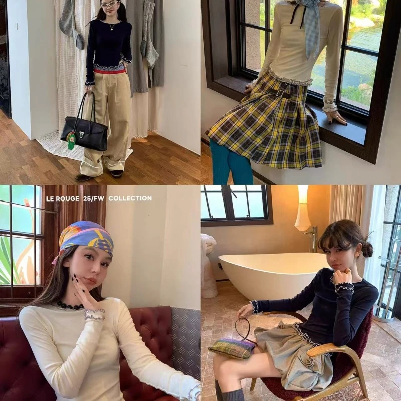 le rouge周美美 秋日来信天丝羊毛木耳花边刺绣针织长袖上衣