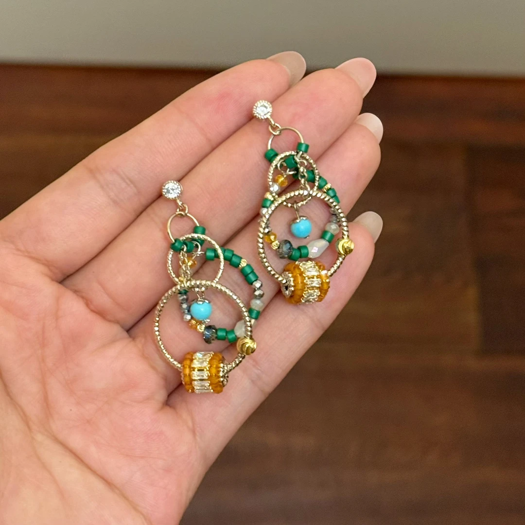 铜合金合成锆石耳饰 E0176 东大门手工定制绿色耳环