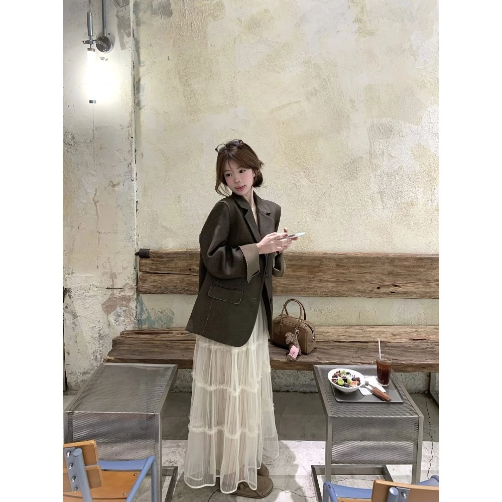 撞色毛边设计感西装+网纱拼接蛋糕裙两件套D786