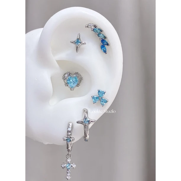 钛钢锆石耳饰 冰蓝四芒星 钛钢耳钉耳骨钉耳蜗钉蓝色系耳钉