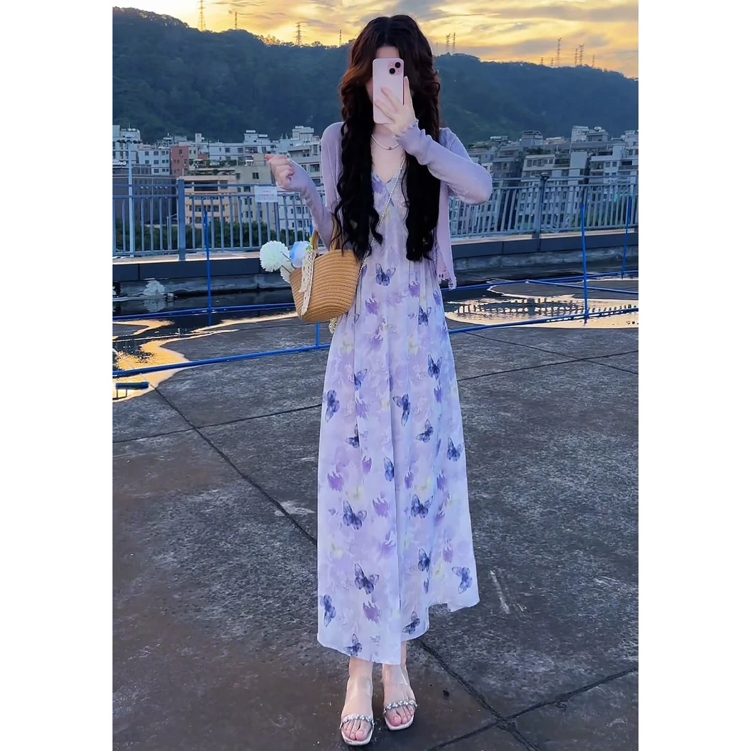 夏季温柔系穿搭2025新款韩版简约气质百搭开衫碎花优雅裙子两件套