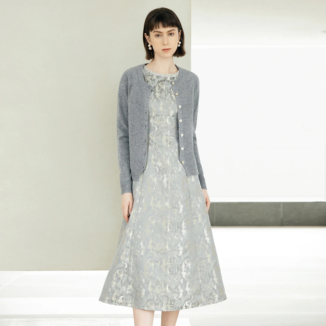 颜域高级感提花连衣裙女装2025新款秋装收腰显瘦气质优雅圆领裙子