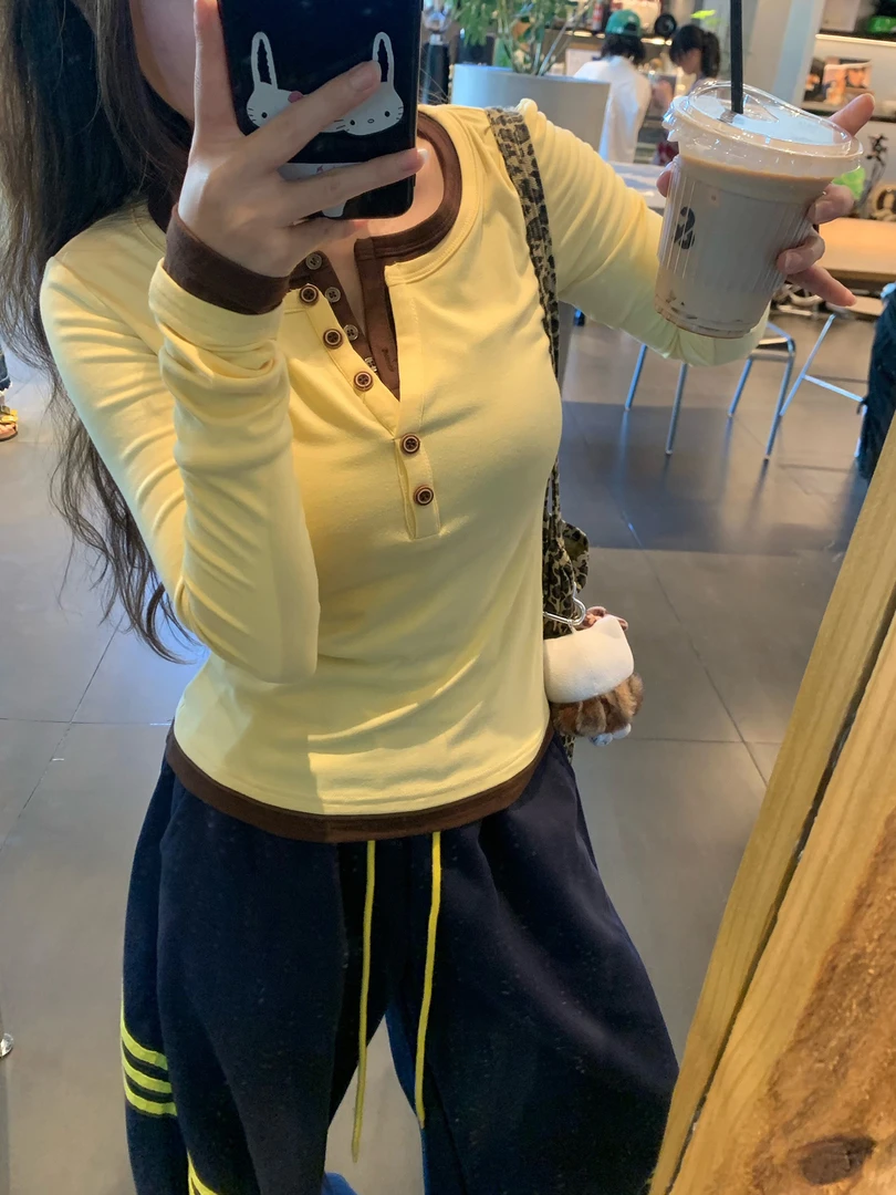 绝美假两件内搭长袖打底衫女秋季新款设计感小众修身多巴胺短上衣