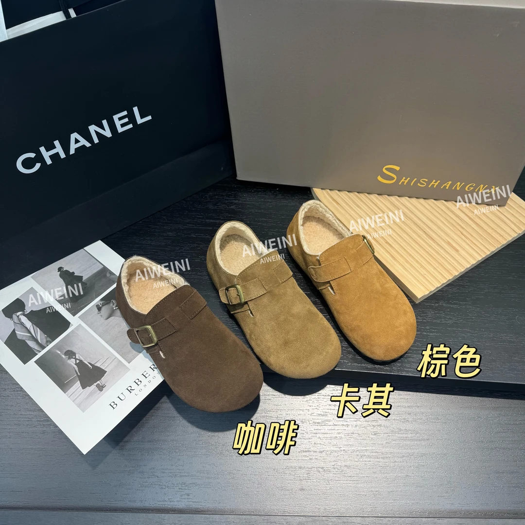 AIWEINI 真皮加绒勃肯鞋女2025秋冬季新款增高3.5CM一脚蹬